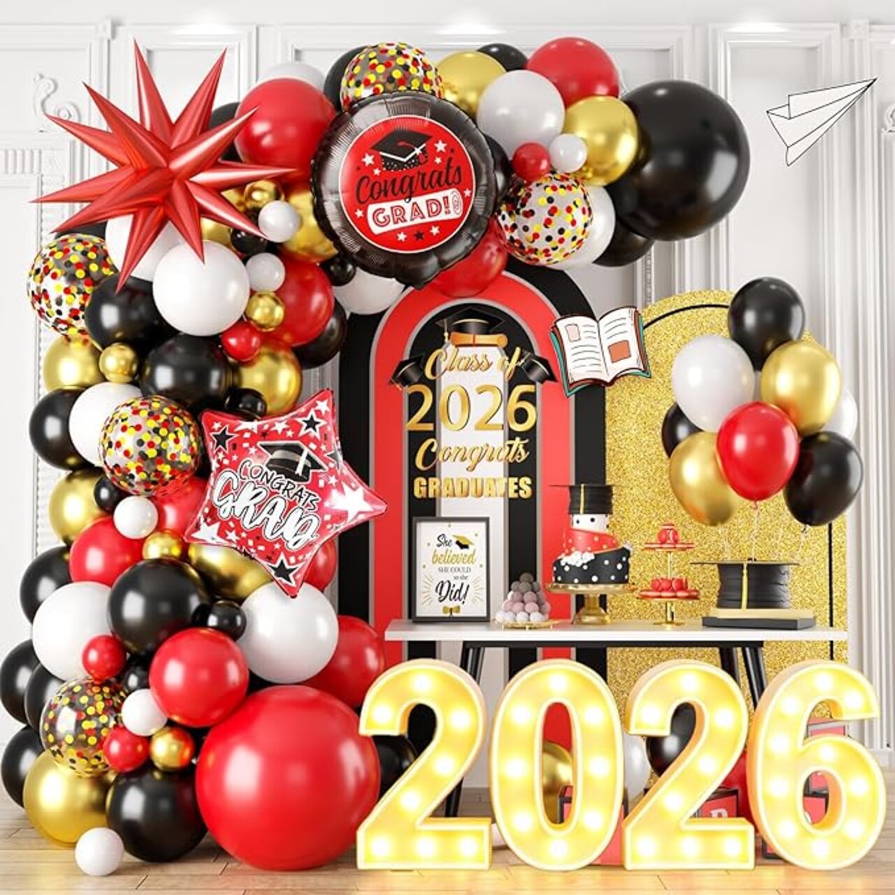 Graduation Balloon Arch Garland Kit, 2026 Graduation Party Decoration, Black Red Grad Balloons with Graduation Congrats Foil Balloons for Girls Class of 2026 Congrats Graduation Party Supplies